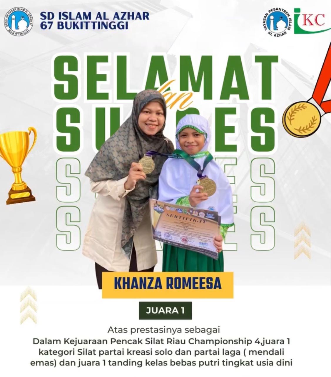 Juara 1 Kejuaraan Pencak Silat Championship IV Silat Prtai Kreasi Solo, dan Juara 1 Tanding Kelas Bebas Putri Tingkat Usia Dini