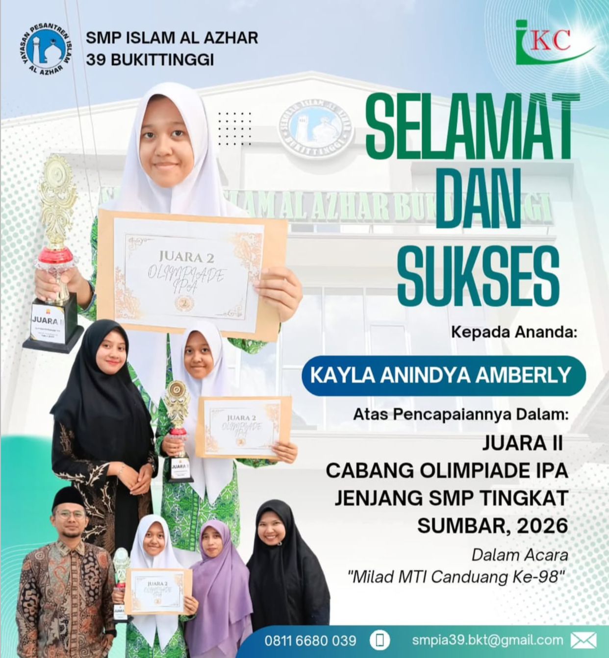 Juara 2 Olimpiade IPA Jenjang SMP Tingkat Sumbar 2026 dalam acara Milad MTI Canduang Ke-98