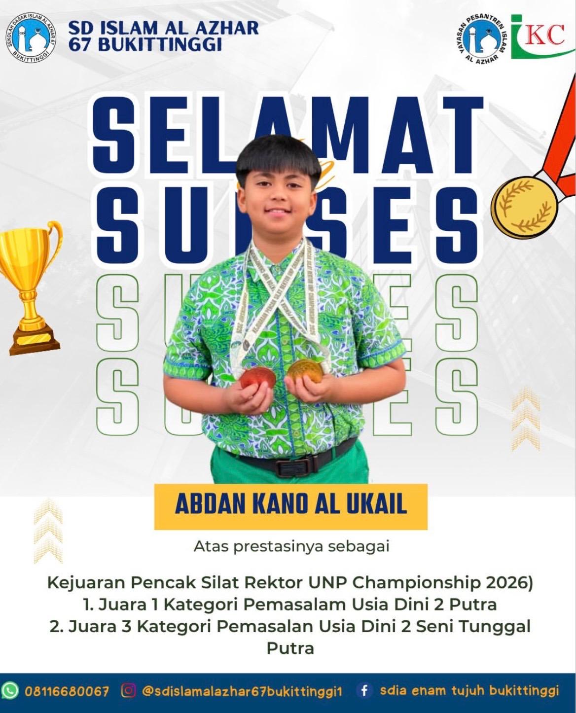 Juara 1 Pemasalan Usia Dini 2 Putra dan Juara 2 Pemasalan Usia Dini 2 Seni Tunggal Putra Kejuaraan Pencak Silat Rektor UNP Championship 2026